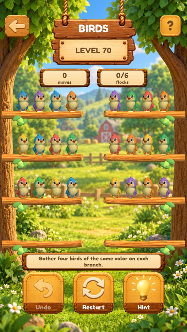 Colorful birds waiting to be sorted on wooden branches