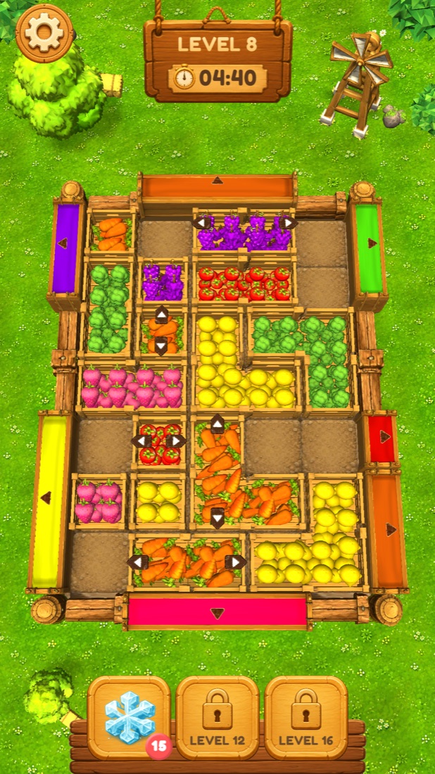 Fruit crates and colored exits on the Harvest board